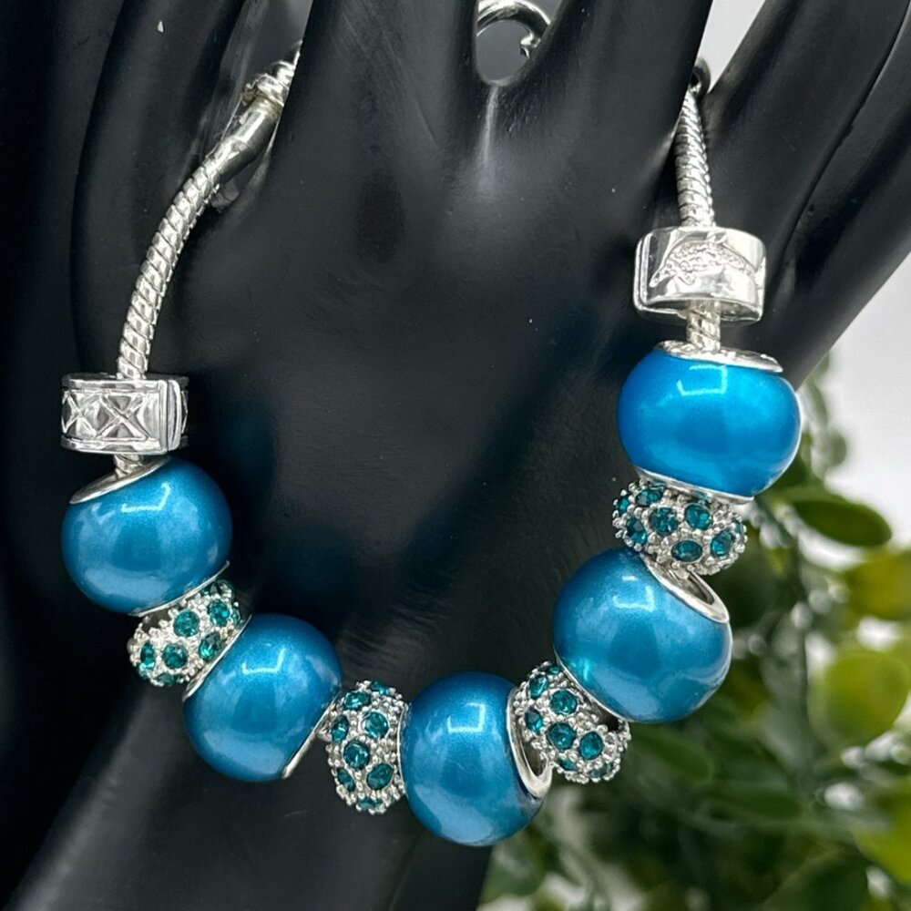 Pandora Style Ocean Blue Charm Bracelet in Silver with Rhinestone Spacers, NWOT